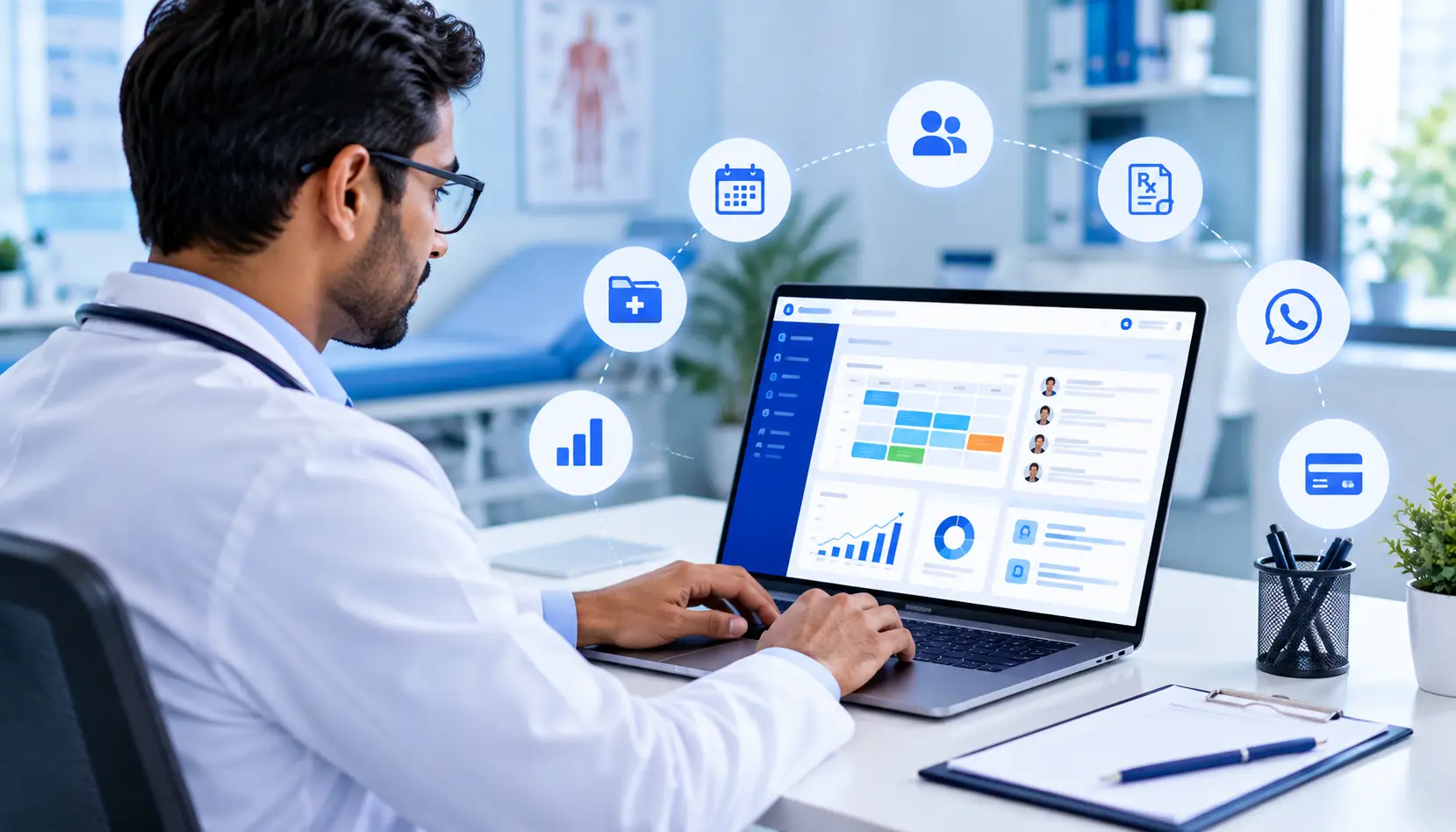 Doctor using digital healthcare technology for clinic management in India