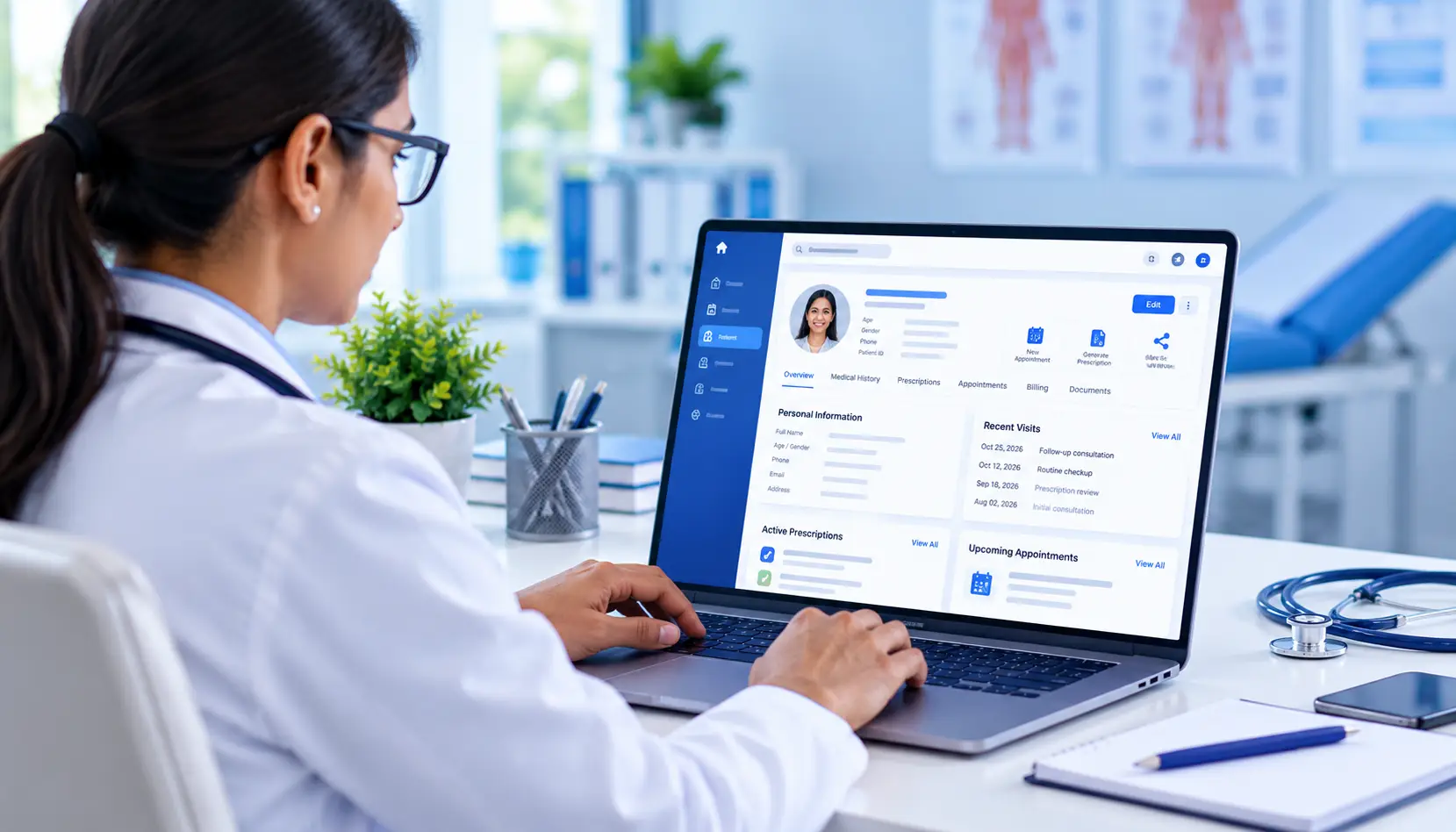 Healthcare professional reviewing patient information on a digital clinic management system