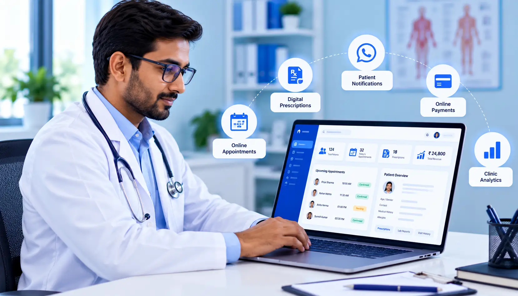 Doctor working with a digital healthcare platform for managing a medical practice